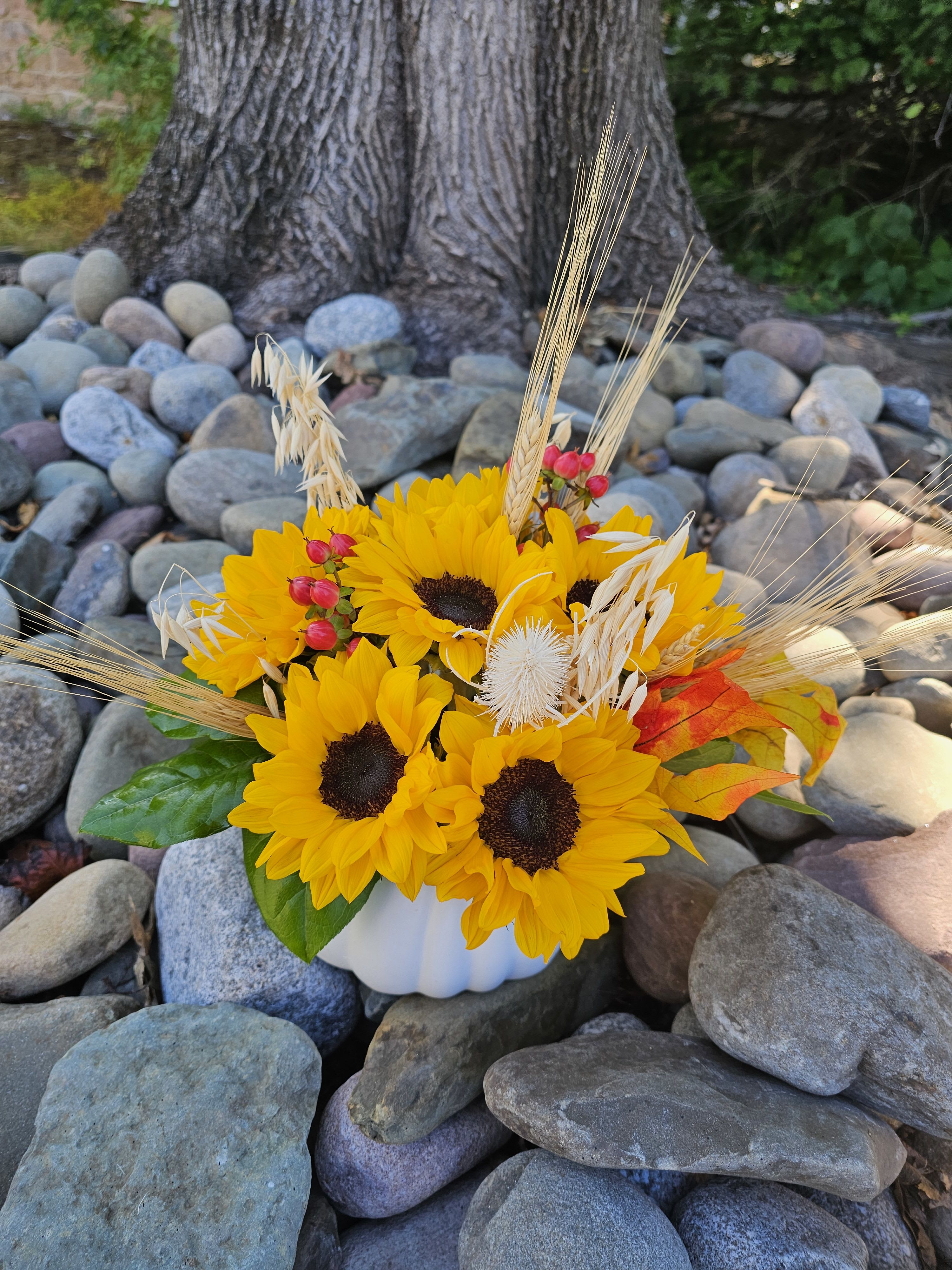 Sunflowers Bouquet - Fresh sunflowers artfully arranged in a white pumpkin vase will bring you a little happiness.