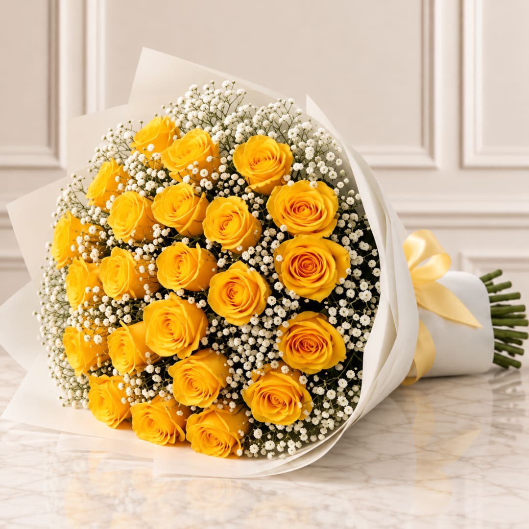Bouquet of yellow roses with white baby's breath in white wrap