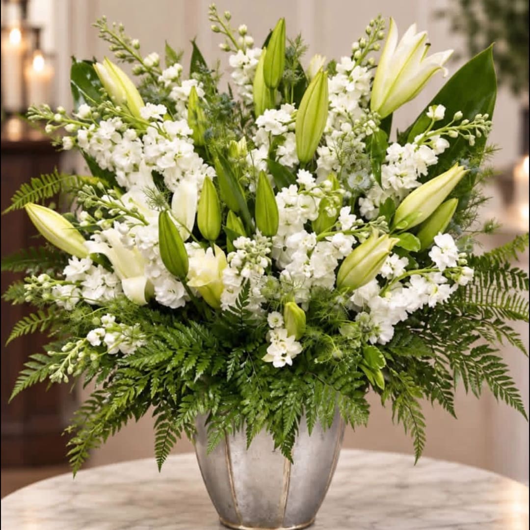 White lilies and small white flowers in a silver vase