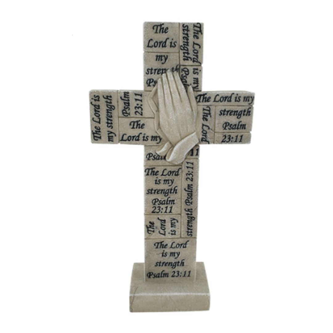 Decorative cross with a praying hands ornament and Psalm 23:11 text