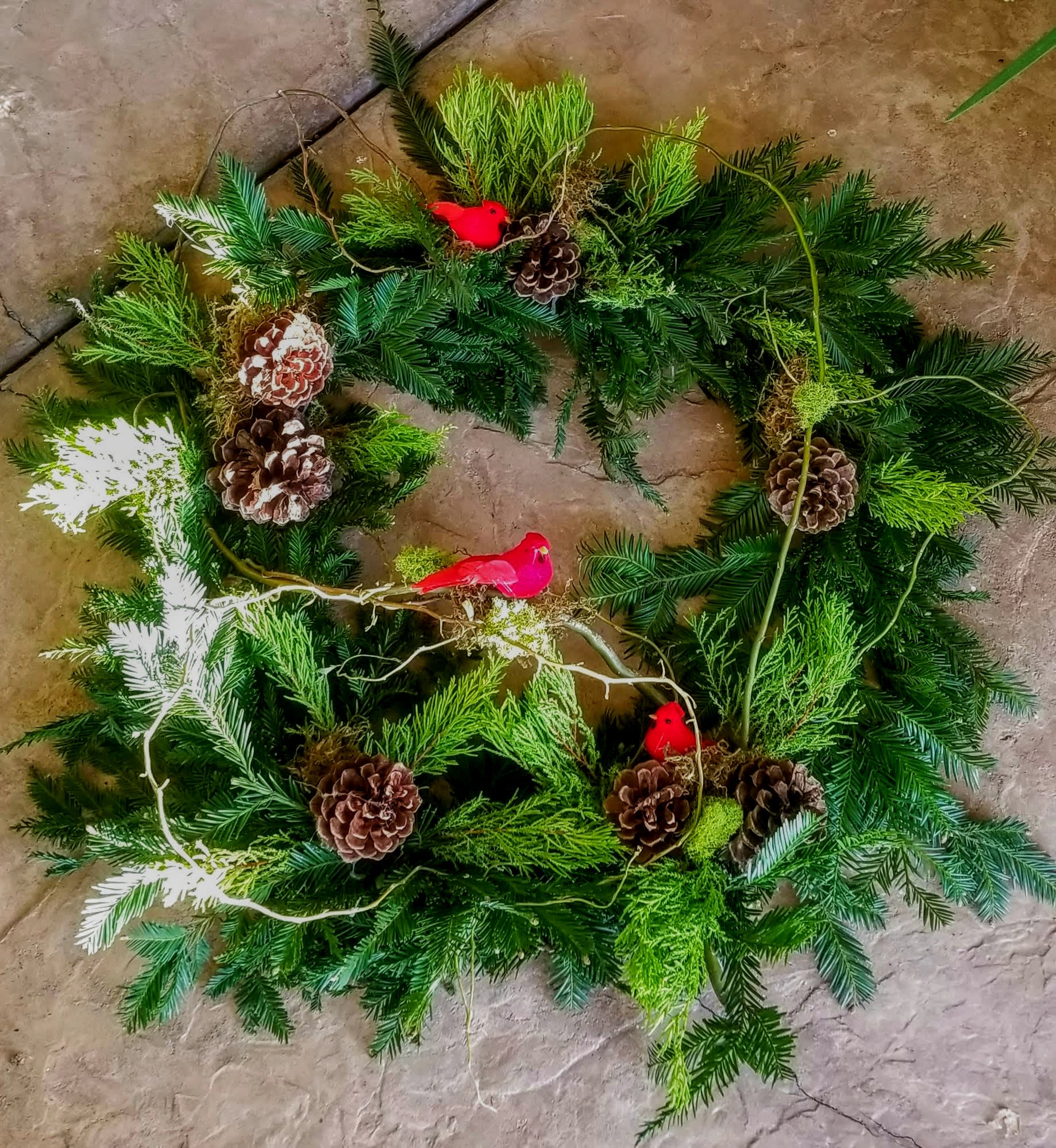 Circular evergreen wreath with pinecones and small red bird ornaments