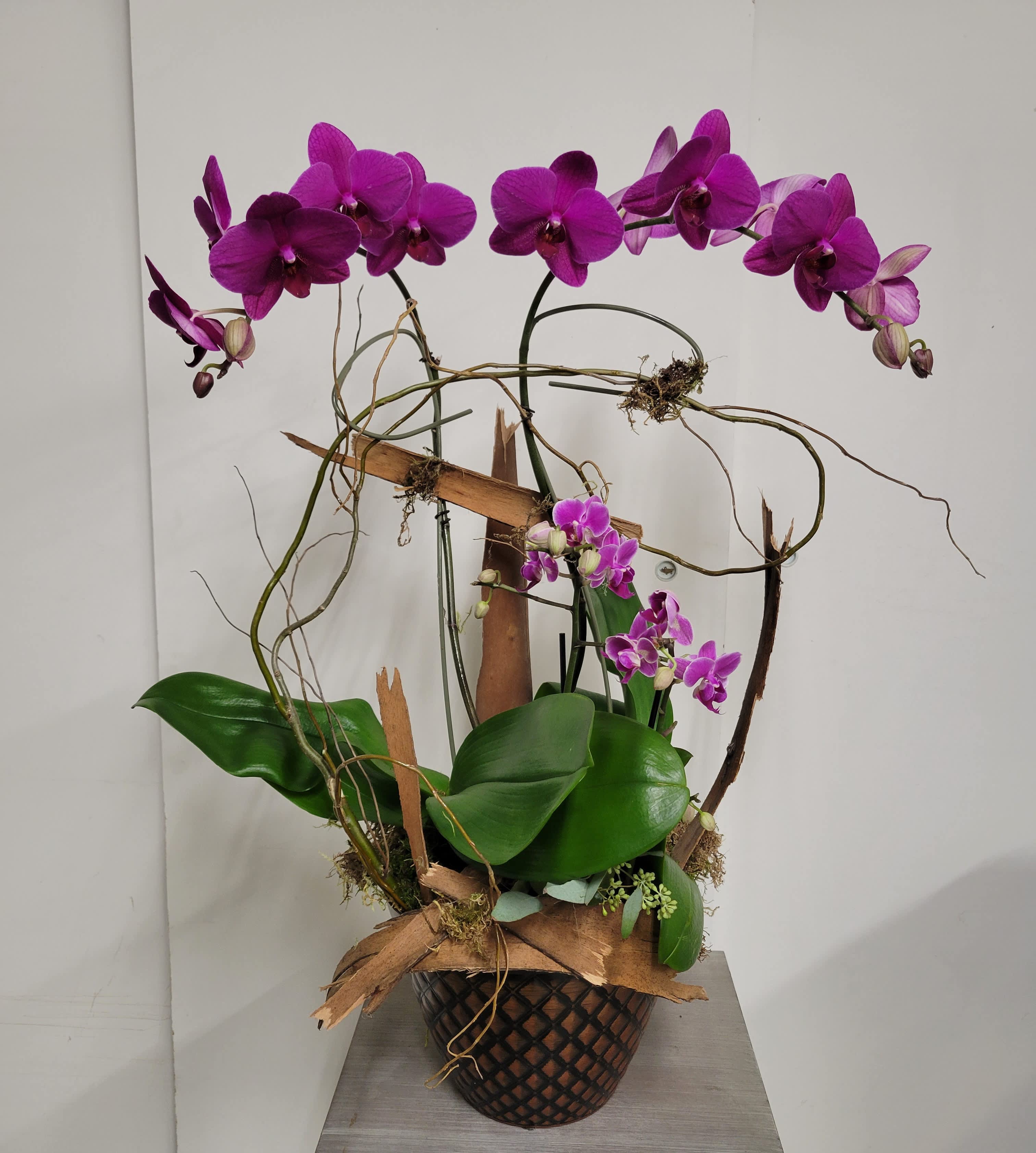 Purple orchids arranged in a decorative basket with broad green leaves