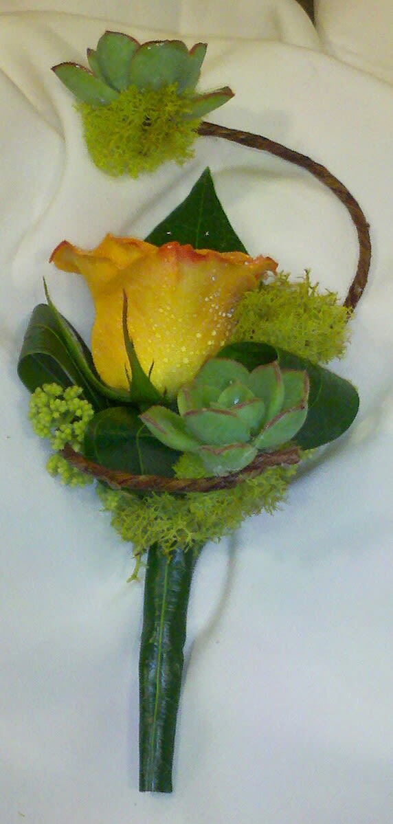 Yellow rose boutonniere with succulents and green accents