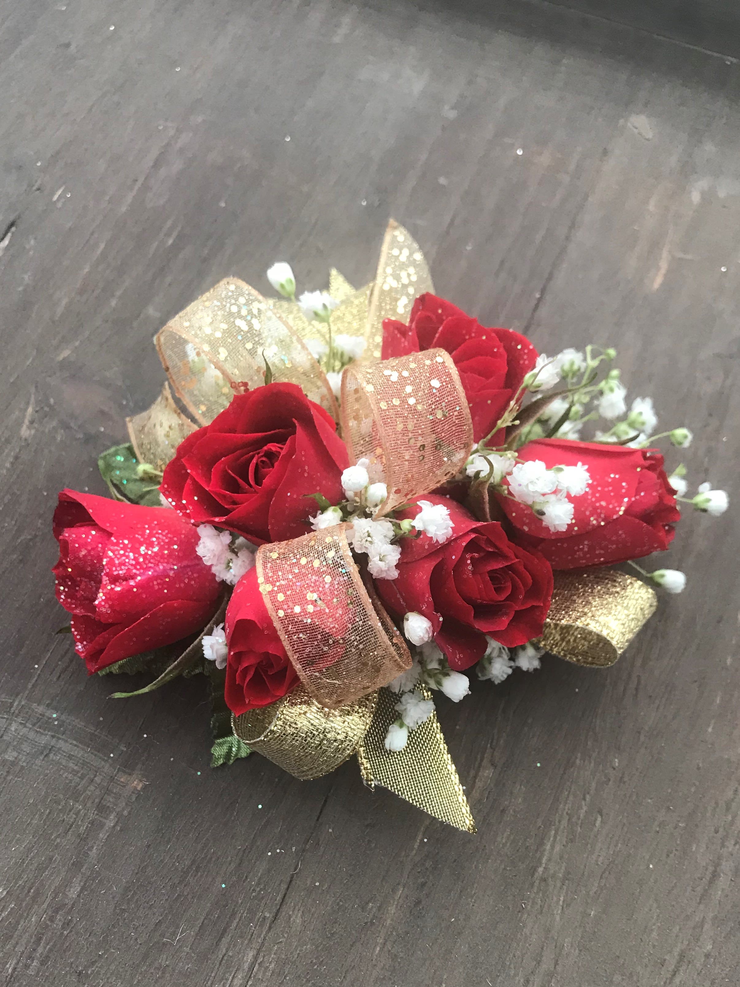 Red &amp; Gold Wrist Corsage - Red Spray Roses with gold accents designed on wrist band.