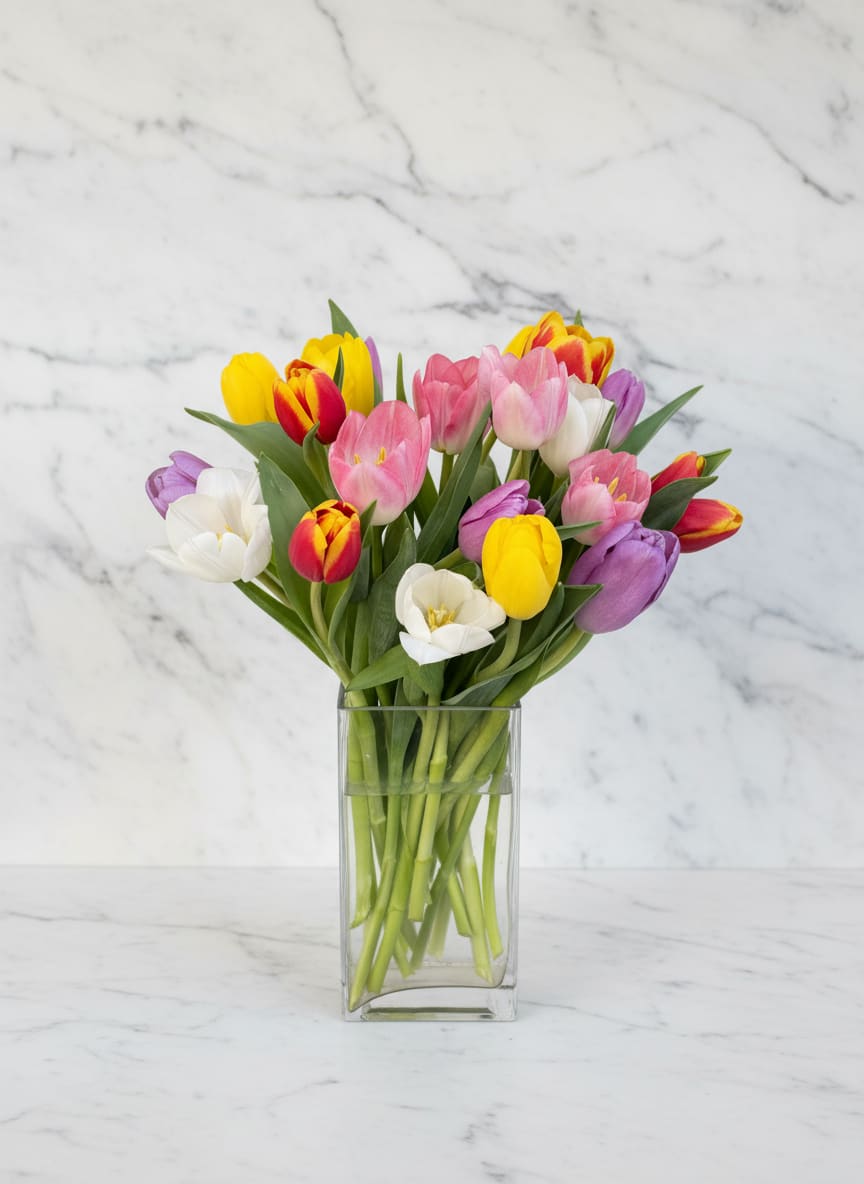 Mixed tulips in pink, yellow, white, red, and purple in a clear glass vase
