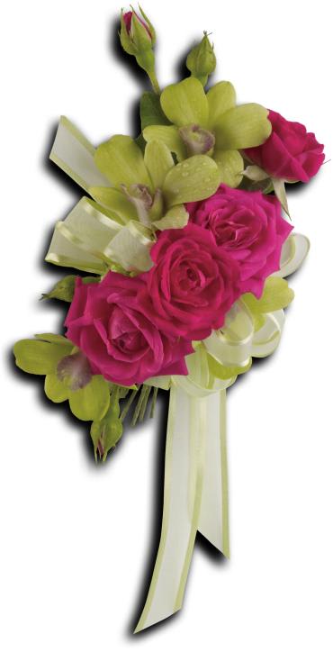 Pink rose and green orchid bouquet with ribbon