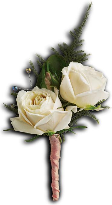 White rose boutonniere with greenery and a pink wrapped stem