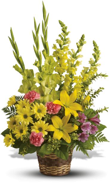Tall basket arrangement with yellow lilies, daisies, snapdragons and pink mixed flowers