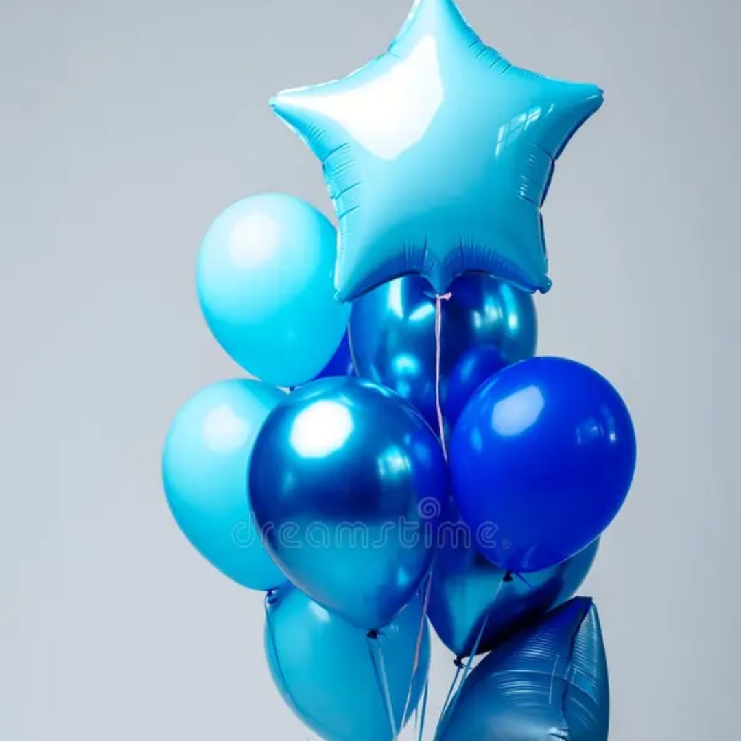 Cluster of blue balloons with a star-shaped balloon at the top
