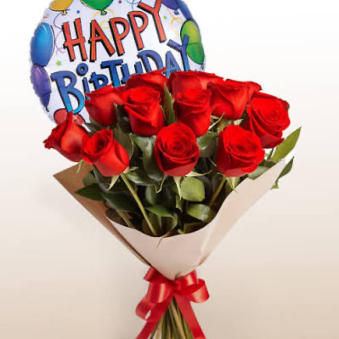 Red rose bouquet with a birthday balloon and ribbon wrap