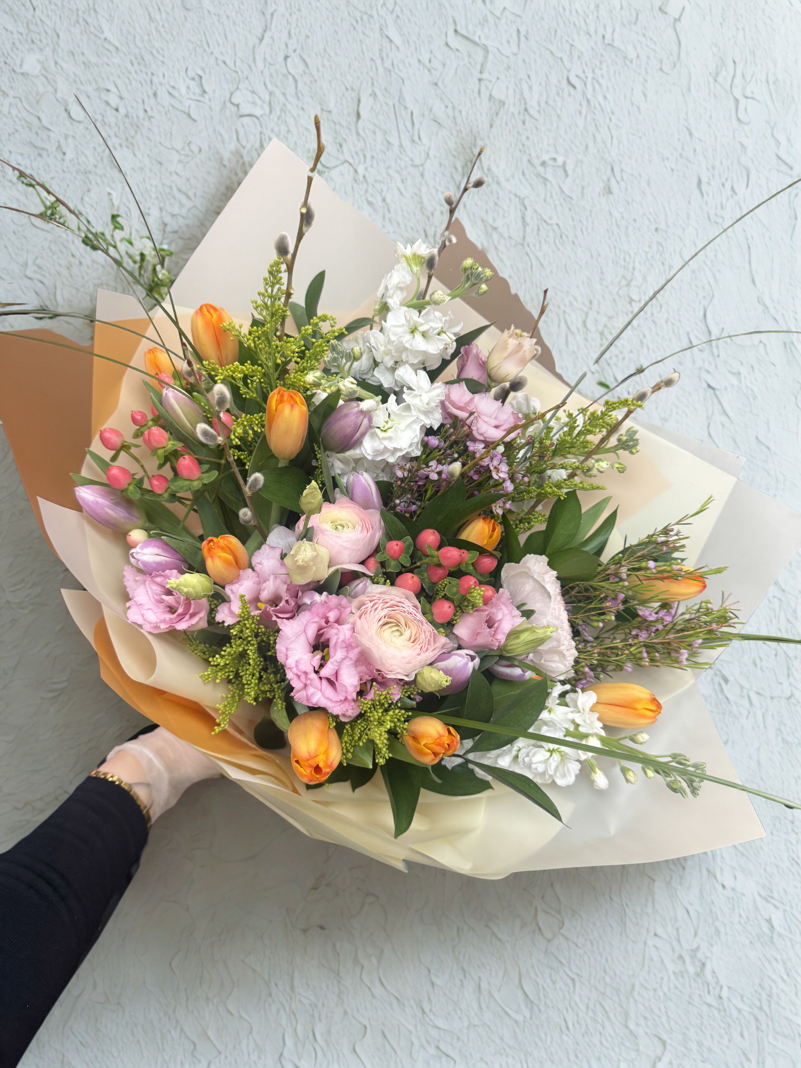 Spring break bouquet- tulips, rununculus,Lisiantus ,bear grass - Gorgeous colorful mix of spring flowers