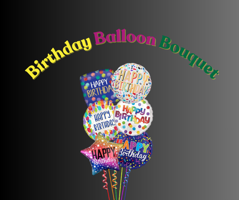 Cluster of birthday balloons with colorful "Happy Birthday" designs
