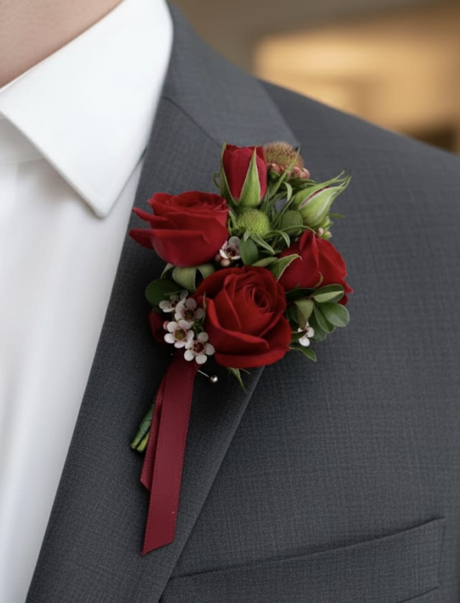 Red rose boutonniere with small white flowers pinned to a gray suit jacket lapel.