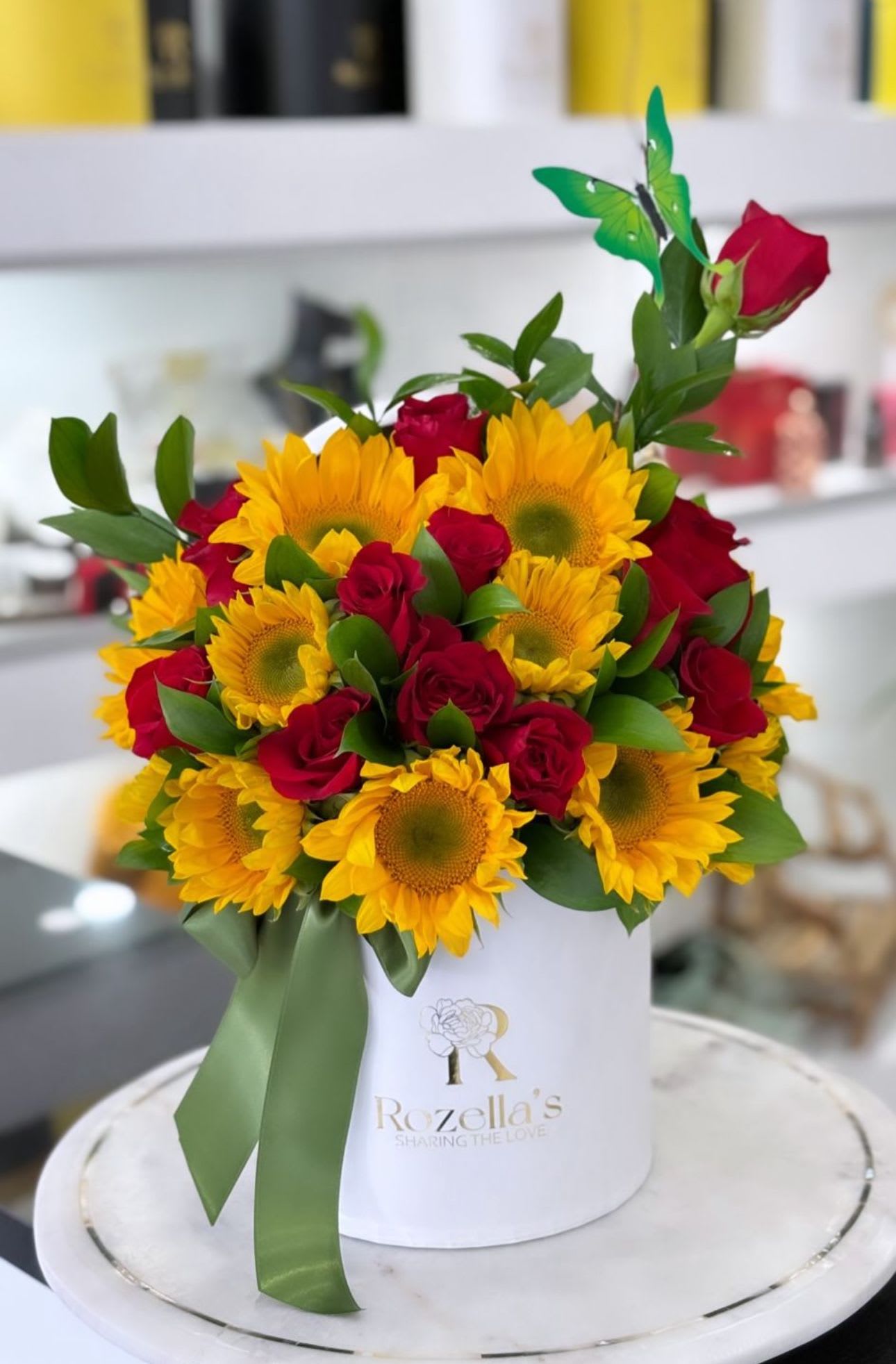Sun flower blooming box  - Red roses and sunflowers in our "rozellas" box, box color may vary due to high demand. 