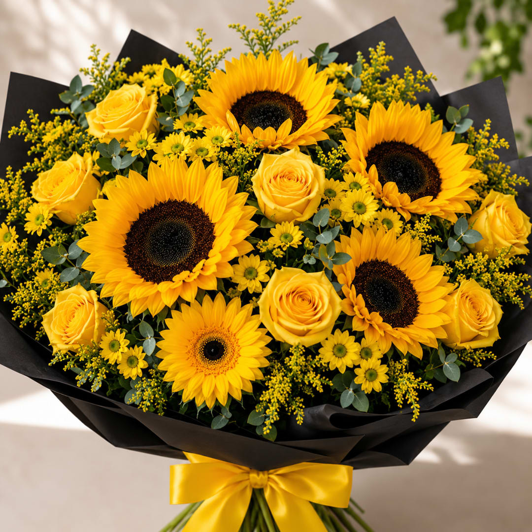 Golden Hour - Golden Hour is a bright, celebratory flower arrangement that makes the person you're thinking of feel truly seen. This birthday bouquet and everyday gift blends large sunflowers with yellow roses and cheerful daisy-like filler blooms to create an uplifting, sunny presentation perfect for birthdays, congratulations, thank you gestures, or a spontaneous thinking-of-you surprise in Katy, TX.  The design pairs vivid yellow tones with bold black wrapping paper for striking contrast, finished with a yellow satin ribbon for a polished, modern look. The rounded, dense composition highlights the sunflowers' texture and the roses' soft petals while the small daisies add light, playful detail. Wrapped in black paper with a yellow ribbon, Golden Hour arrives ready to hand to the recipient and brightens any room; treat with fresh water and trim stems if placing in a vase to extend bloom life.
