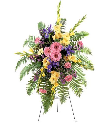 TF189-3 Hope And Harmony Spray - One spray of pink carnations, peach gerberas, yellow gladioli, blue iris and lavender Monte Cassino asters is delivered on an easel. Approximately 34" W x 44" H 