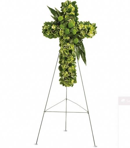 T269-2A  Garden Cross - A spiritual tribute for the religious service, this lovely cross made of green hydrangea, green dianthus and other favorites symbolizes the hope for eternal life. The exquisite arrangement includes green hydrangea, green trick dianthus, variegated pittospourum, accented with Israeli ruscus and other assorted greenery. Approximately 22" W x 34 1/2" H 