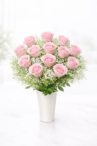 Jamie's Pink Lady  Roses  - Rounded cluster of  pink roses with white filler and soft green accents in a pink or white ceramic vase. Shades of pink will vary depending upon availability.  