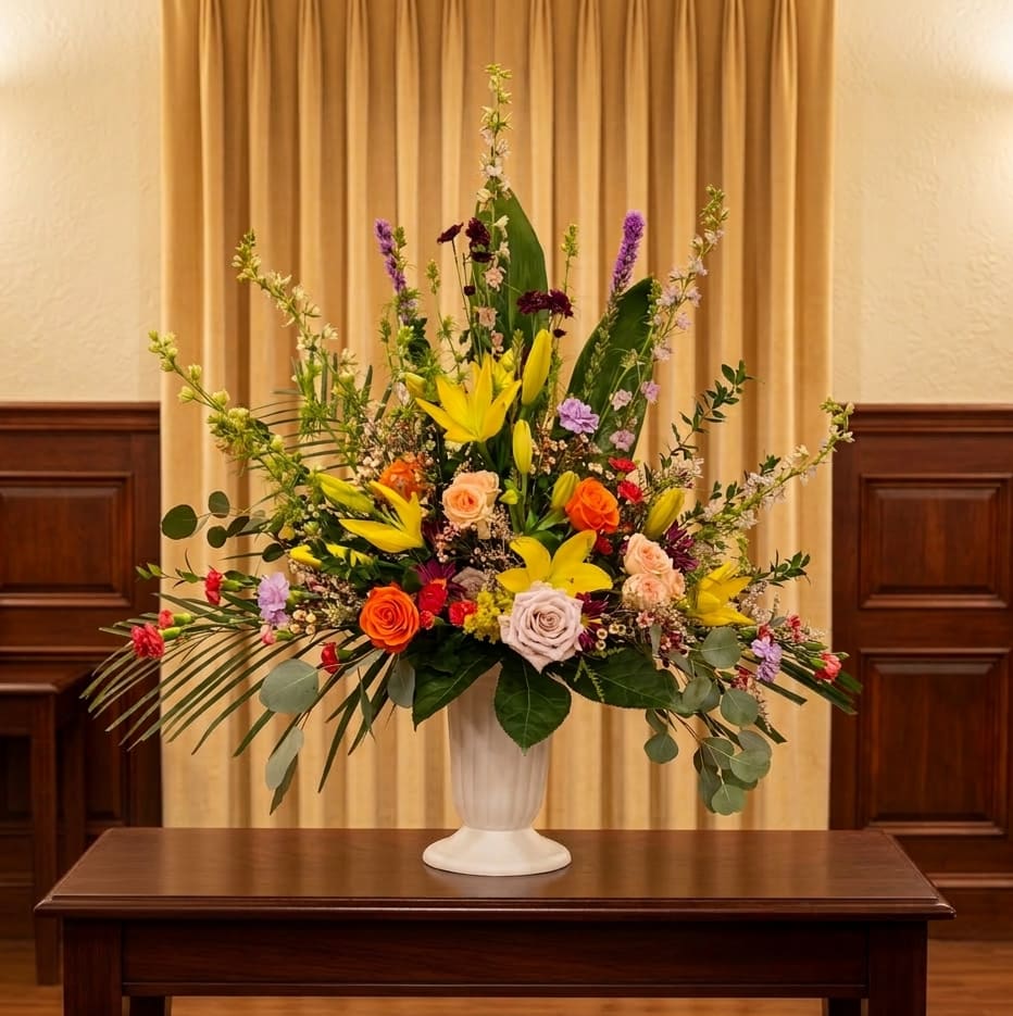 Flower Garden Sympathy Arrangement - Flower Garden Sympathy – Sympathy Flowers in Olympia, WA  The Flower Garden Sympathy arrangement brings comfort and beauty during difficult times. Perfect for delivery to a family’s home or directly to a funeral service, this thoughtful bouquet allows you to express your support and love with a heartfelt message.  Designed to soothe and honor, this lush arrangement features lilies, roses, larkspur, and carnations in soft pink, yellow, and purple tones. The gentle mix of colors and textures creates a peaceful and comforting tribute to a life well-loved.  Specialty Floral Design, a locally owned florist in Olympia, WA, carefully selects each bloom to craft meaningful and memorable sympathy flowers for funerals, memorials, or home delivery. We offer same-day delivery in Olympia, Tumwater, Lacey, and nearby areas, ensuring your tribute arrives fresh and beautiful.  Whether sending funeral flowers, sympathy flowers, or a personal tribute, let us help you honor your loved one with a heartfelt arrangement designed to express love, remembrance, and compassion. 