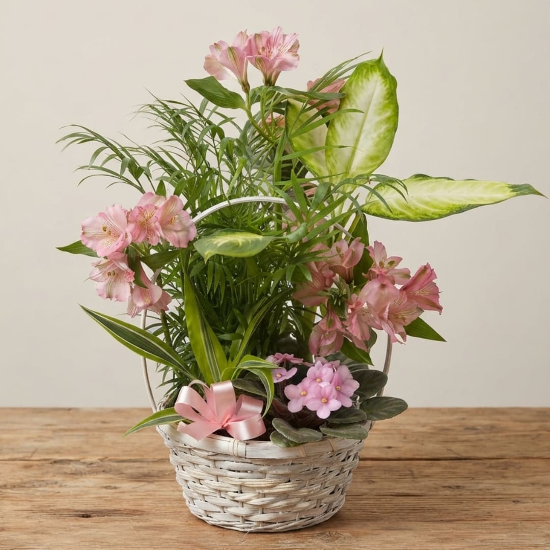 Pink flowers in a wicker basket with green foliage and a pink ribbon