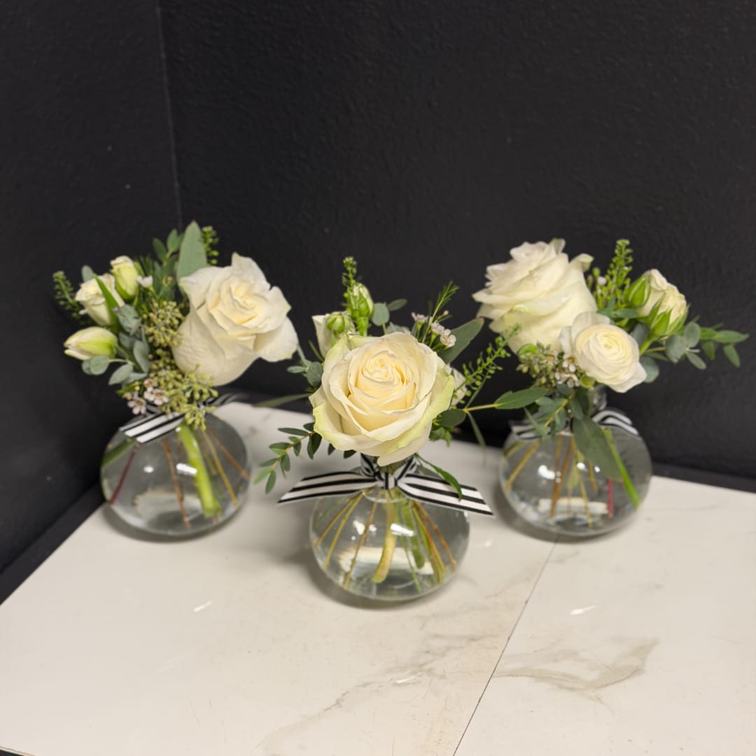 Three small white rose arrangements in round glass vases with striped ribbons