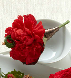 Red carnation boutonniere with ribbon and pearl pin