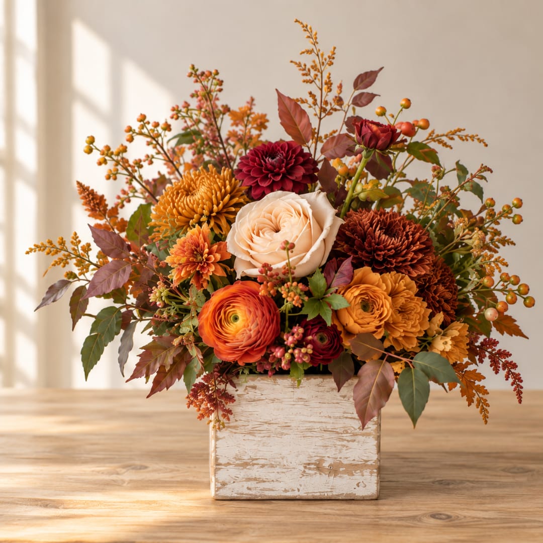 Autumn floral arrangement in a rustic white wooden box