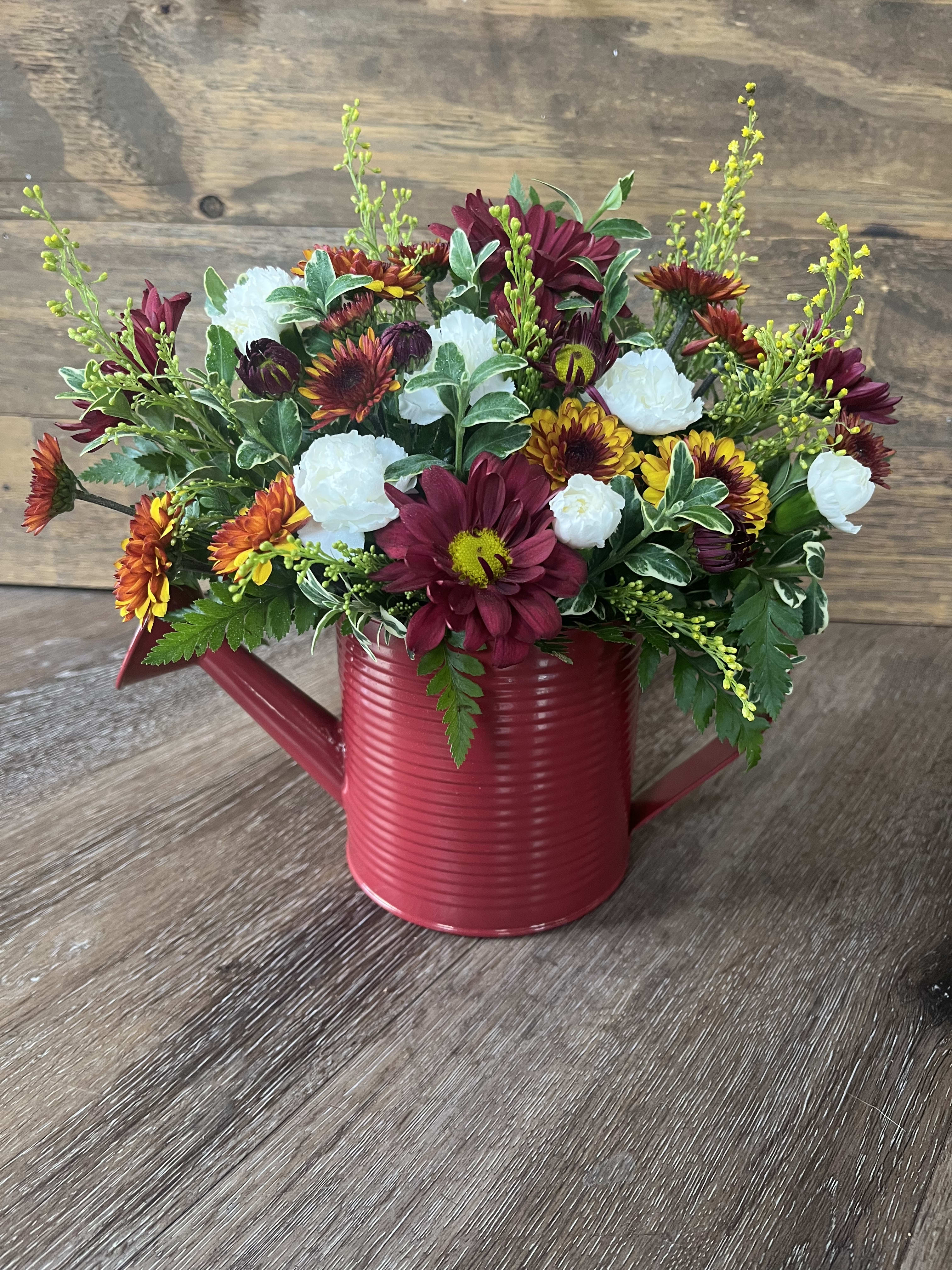 Fall Watering Can - These adorable watering can arrangements are a  customer favorite! Perfect for the Fall season! **Watering can color varies with each arrangement** 
