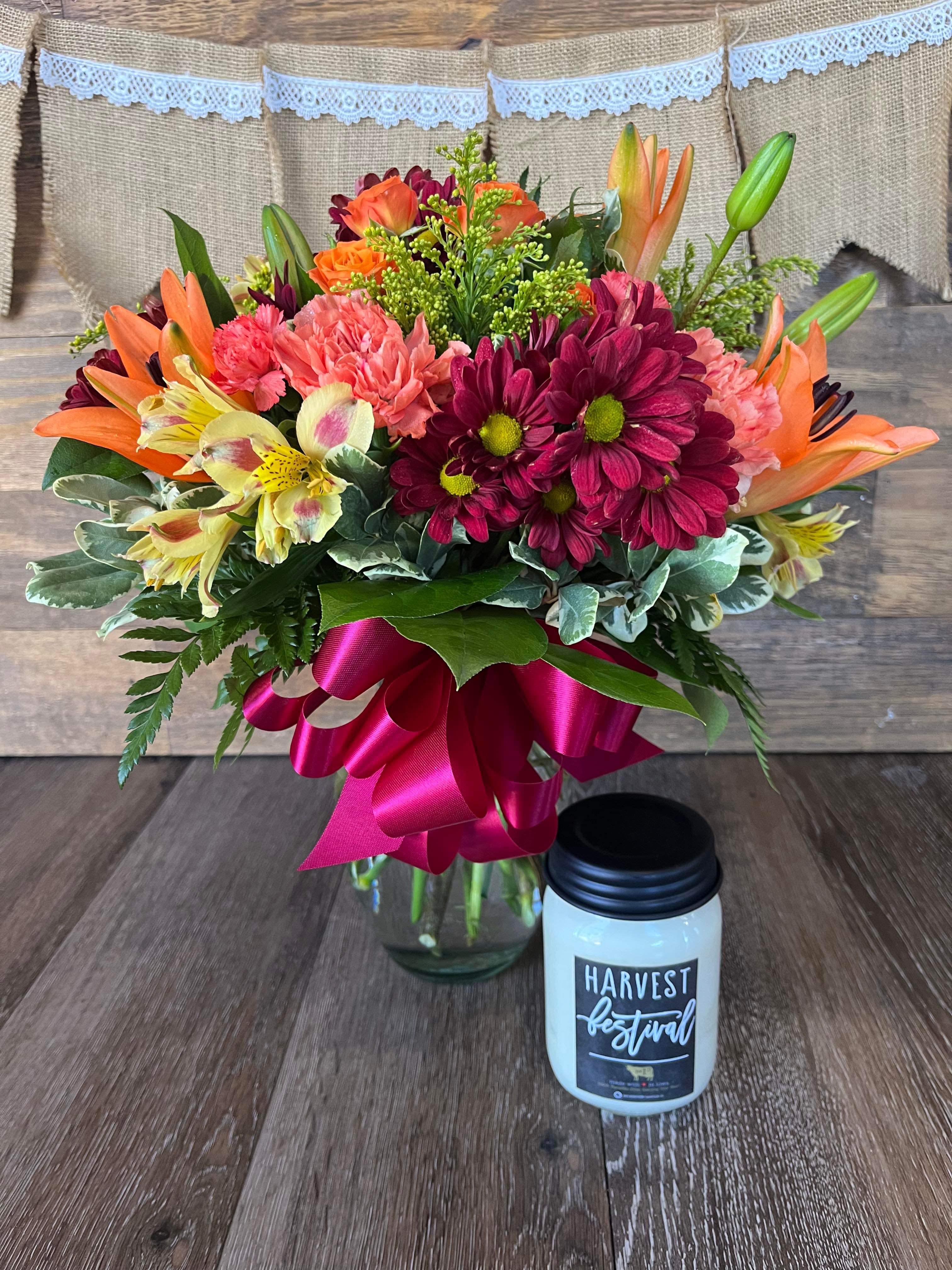 Autumn Bouquet and Candle - Beautiful autumn bouquet and a lovely scented fall Milkhouse candle 