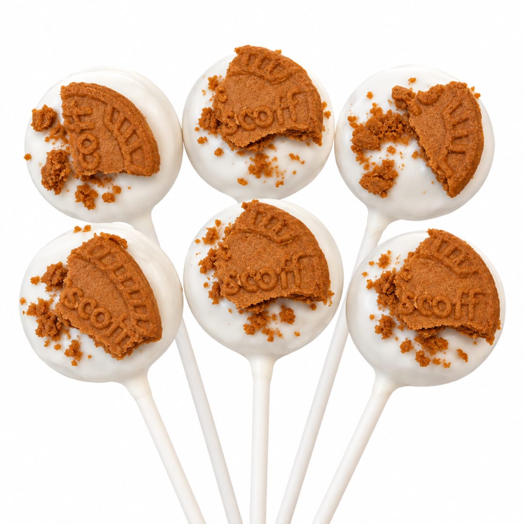Six white cake pops topped with broken cookie pieces on sticks