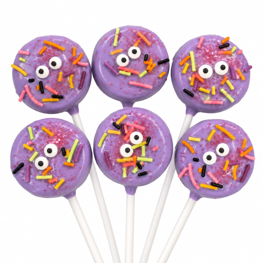 Purple candy lollipops with sprinkles and googly eyes on white sticks