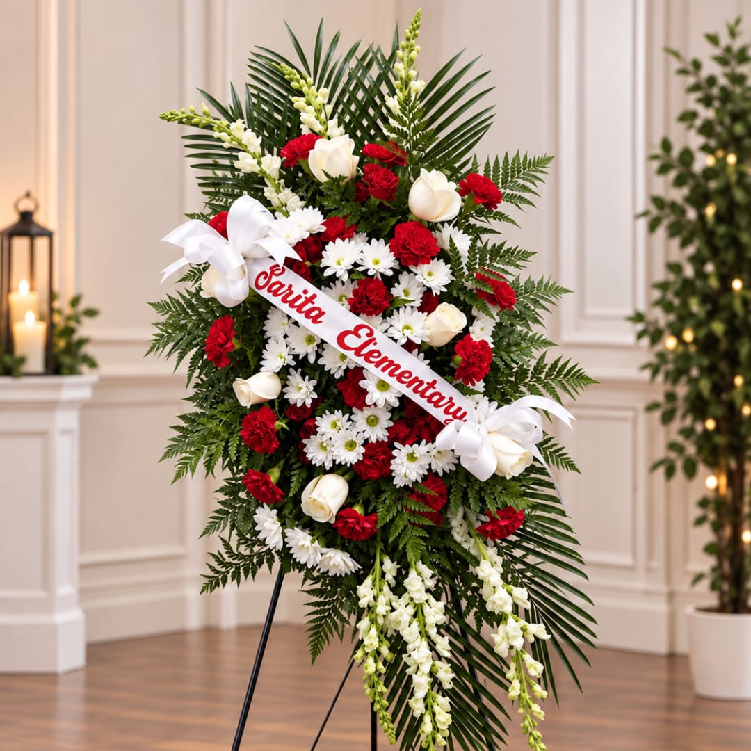 Standing floral wreath with red and white flowers and a ribbon