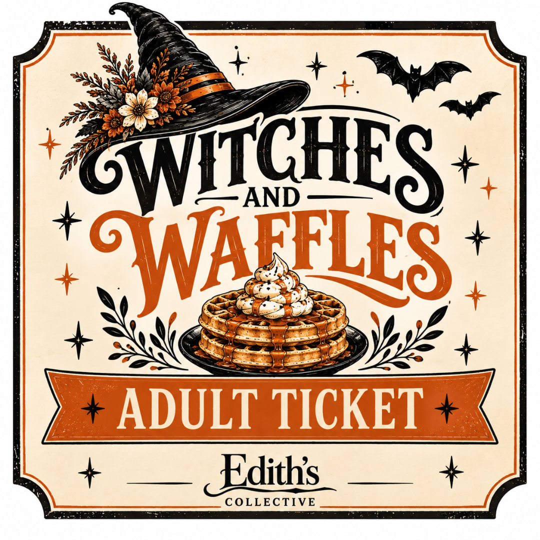 Halloween-themed sign with a witch hat, bats, and waffles
