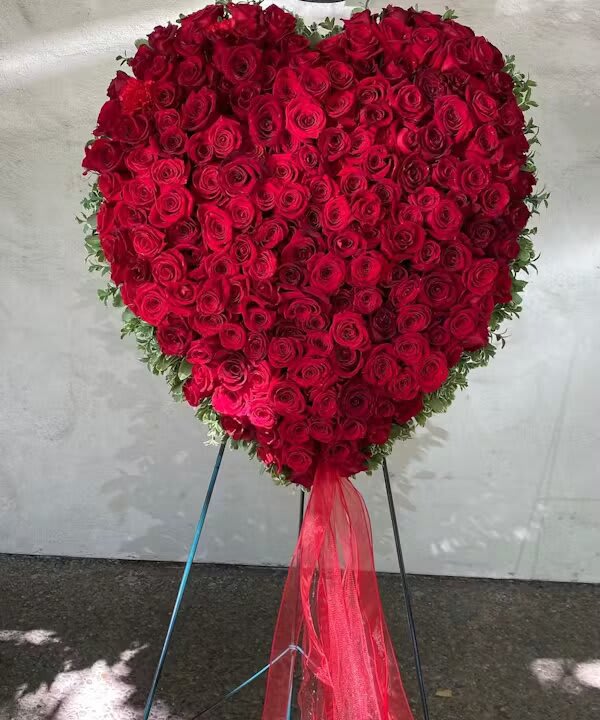 RED ROSE HEART SPRAY  - 24 inch Solid Red Rose Heart Sympathy Wreath.   