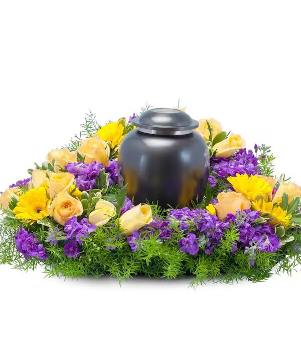 VIVID MEMORIES SURROUND - Bright yellow and purple flowers create surroundings of vivid memories.  