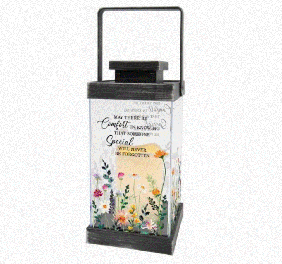 Decorative lantern with a sympathy message and small floral print