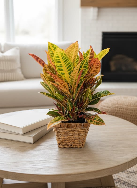 6" Croton in container (containers can vary) - Bright and vivid leaves of the croton plant.. a perfect gift for the plant lover in your life.  This gift features a colorful croton plant in a 6" grow pot. Containers will vary, but overall size is 20" tall and approx 10-12" wide. 