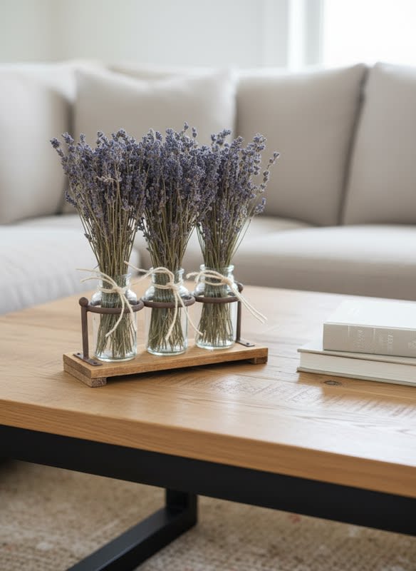 Dried Lavender Trio - A trio of dried lavender bundles in a keepsake container of wood and wrought iron.  This features  three vases inspired by apothecary jars.  Earthy, fragrant and simple  