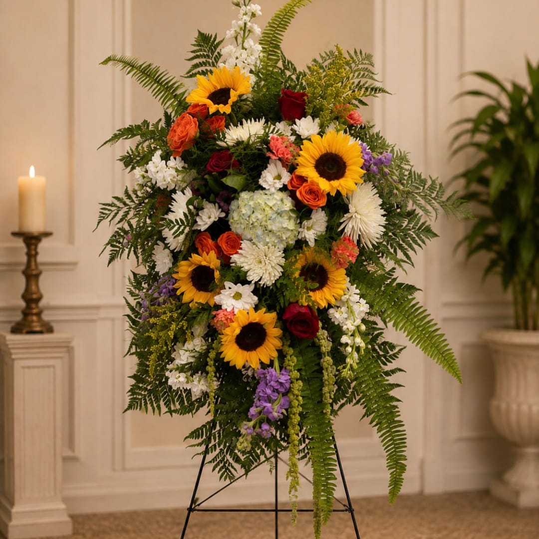 Tall standing floral spray with sunflowers, roses, and white blooms