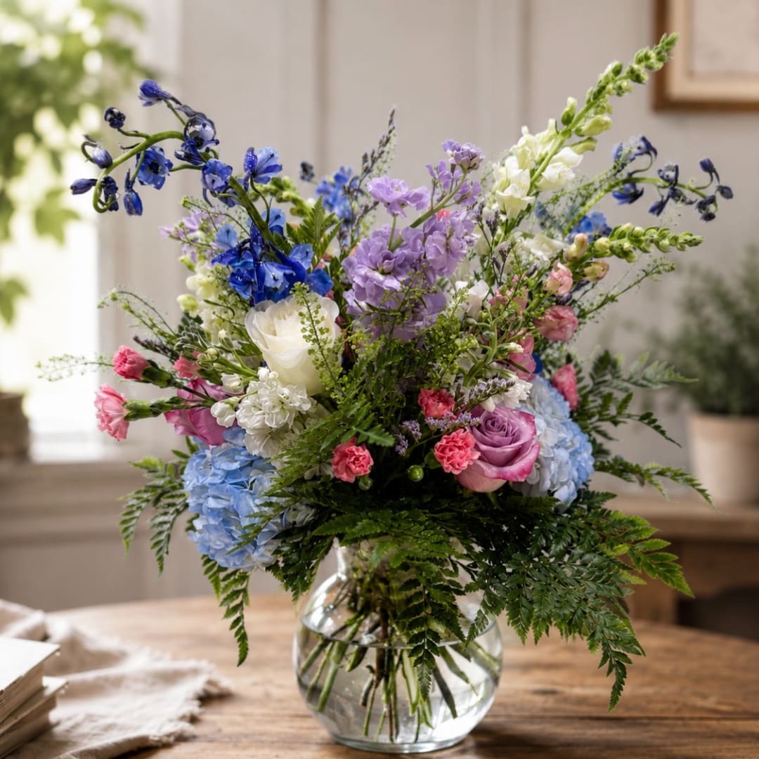 Mixed bouquet of blue, purple, pink, and white flowers in a glass vase