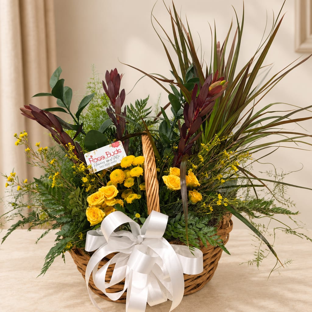 Blooming Plant Basket - Sunlit yellow roses and clustered yellow chrysanthemums glow from a woven wicker basket in this Blooming Plant Basket, the perfect birthday bouquet or general celebratory arrangement to lift someone's spirits. The bright yellow and deep plum contrast makes the recipient feel seen and joyful-the kind of gift that announces "you're special today" whether it's a birthday, congratulations, or just-because surprise for someone in Kingsville, TX.  The arrangement sits low in a sturdy wicker basket accented with a large white ribbon and a floral shop card for your personal message. Yellow roses and chrysanthemums mingle with burgundy-toned tropical foliage and airy green fillers, giving a lush, slightly formal silhouette that still reads warm and welcoming. Sizes and exact counts vary by availability; the overall display is designed to be full enough for a table centerpiece or mantel.  This basket is a thoughtful way to celebrate milestones, say thanks, or brighten someone's day-she'll feel genuinely celebrated when these vibrant yellow roses and calming greens arrive. Care is simple: place in indirect light, keep the floral foam moist, and refresh water as needed so blooms stay lively longer.