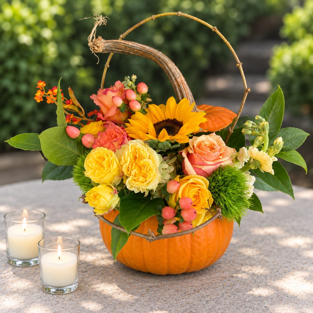 Pumpkin flower arrangement with sunflowers and roses in a basket handle