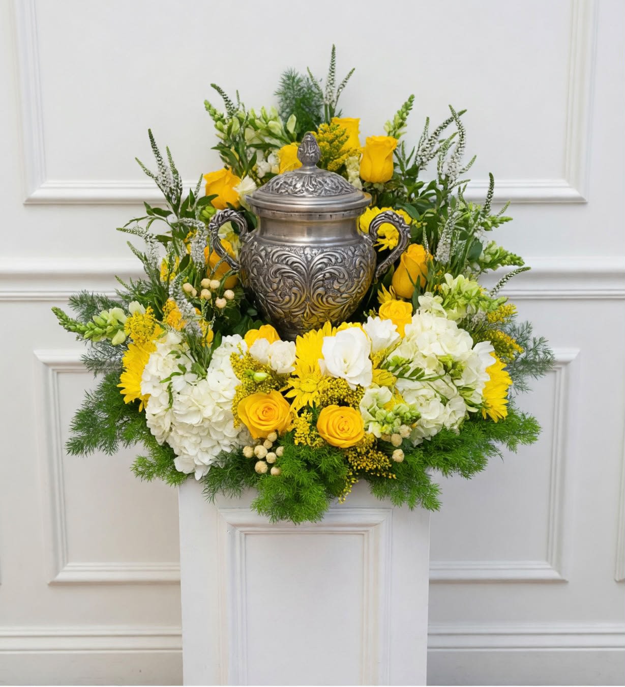 Yellow sympathy urn arrangement  - The finished size is approximately 16-20" wide, and 20-24" high.