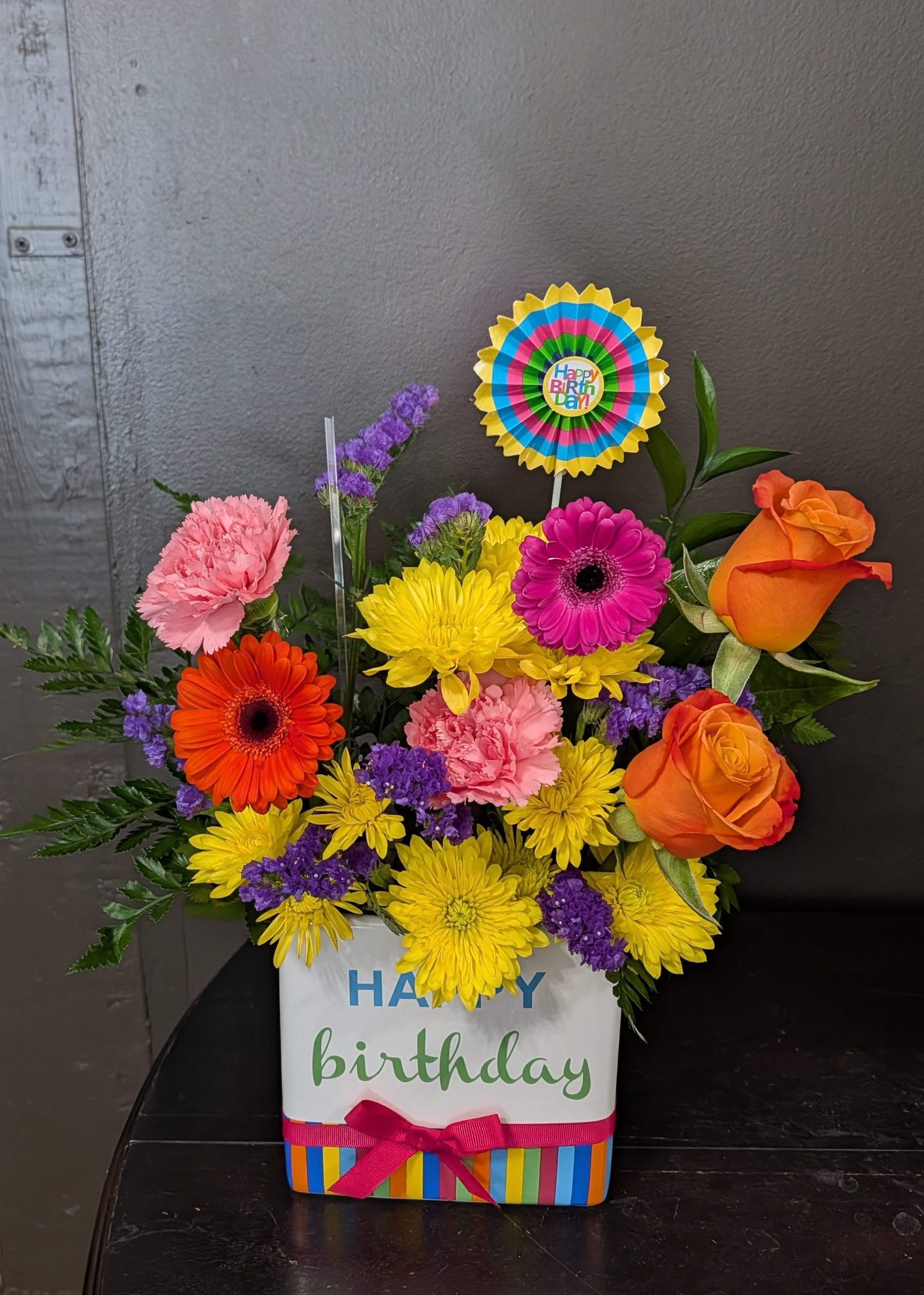 Bright Birthday Box - Say Happy Birthday with a bright arrangement.  Happy Birthday pick included. Specific flowers may vary based on availability.