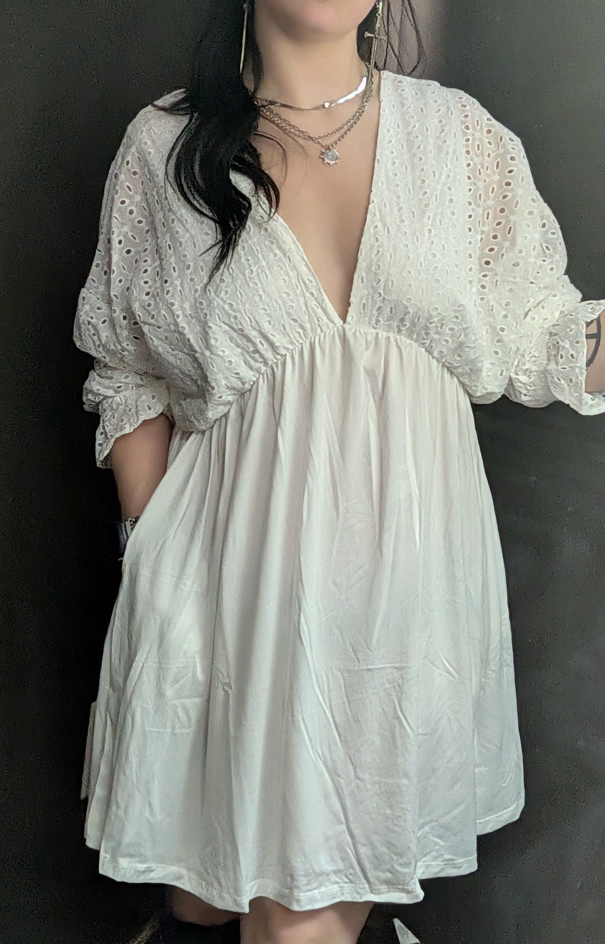 Lace Trim Midi Dress WHITE MARKED DOWN! - Cotton Eyelet Midi Dress with lace trim available in L-XL