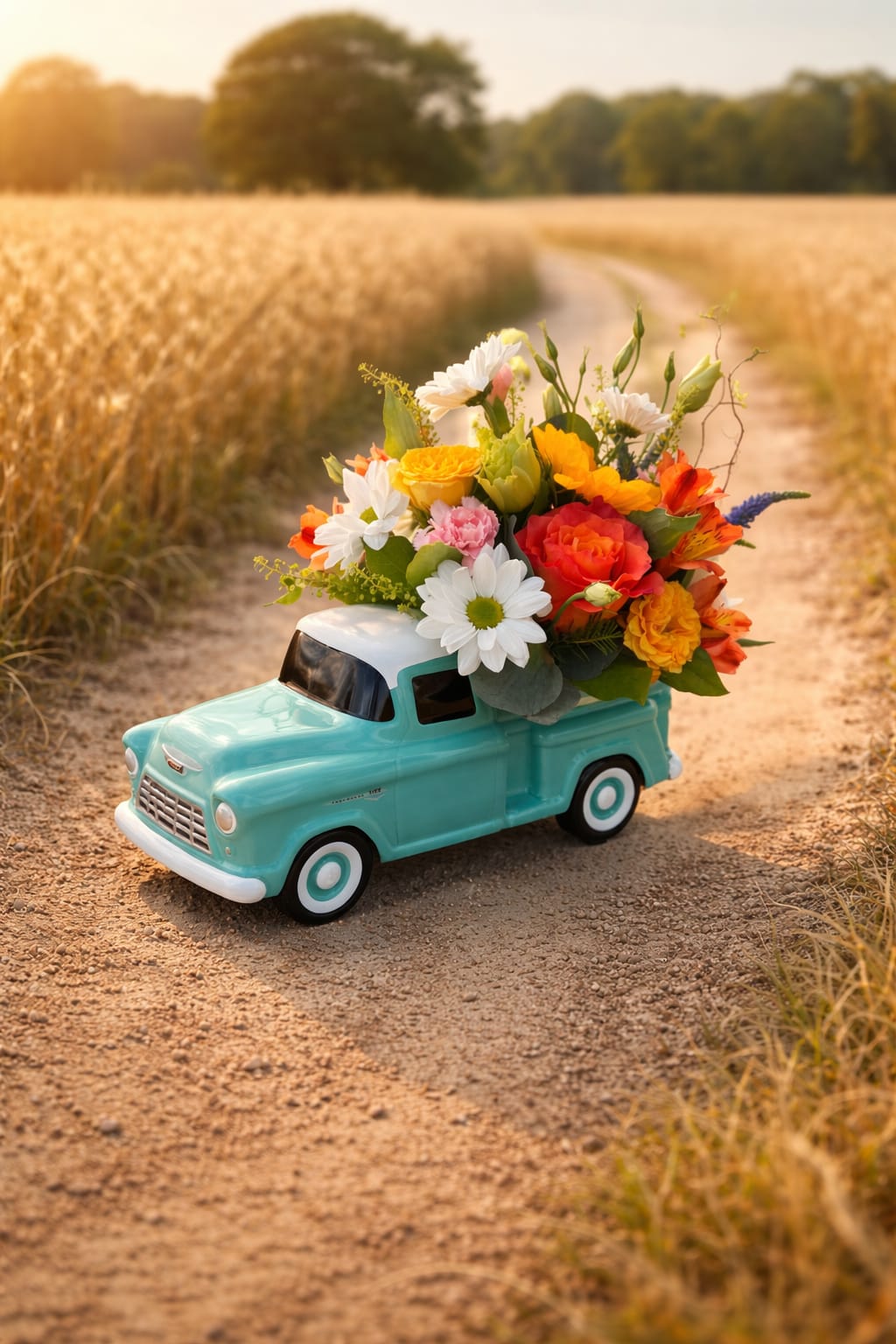 Colorful mixed flowers arranged in the bed of a turquoise ceramic toy truck on a dirt path.
