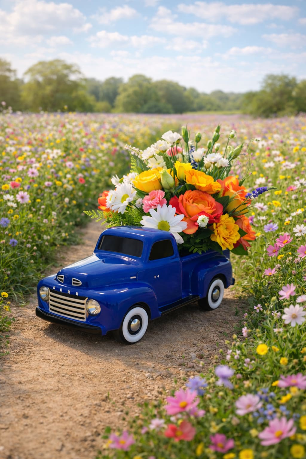 Blue ceramic toy truck filled with bright yellow, orange, white, and pink flowers on a path