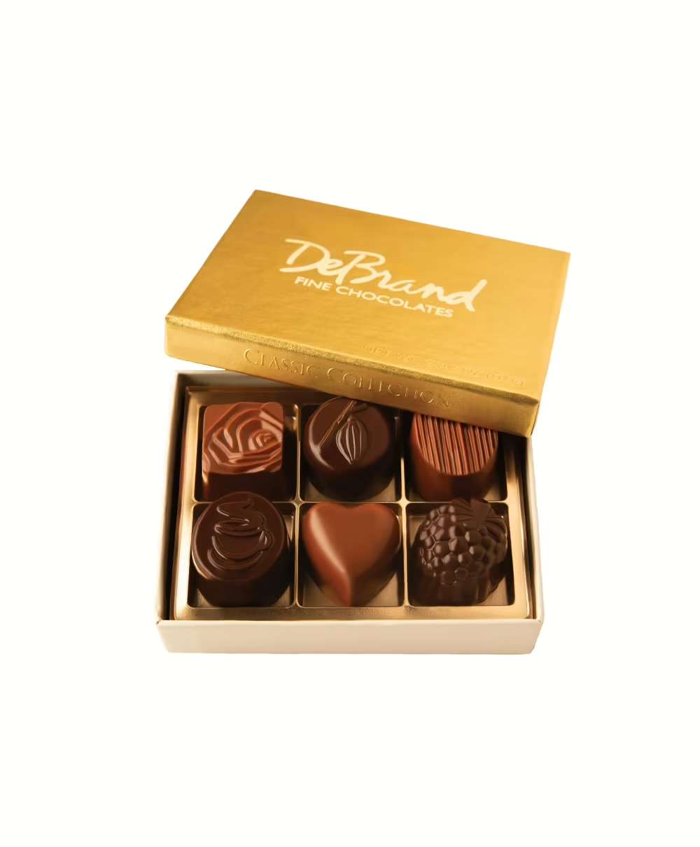 6 Piece Classic Box - DeBrand Fine Chocolates - Timeless favorites make up Debrand's most popular collection with chocolates bursting with wonderfully intense flavors, as well as other unusual and traditional varieties! *Gluten Free*