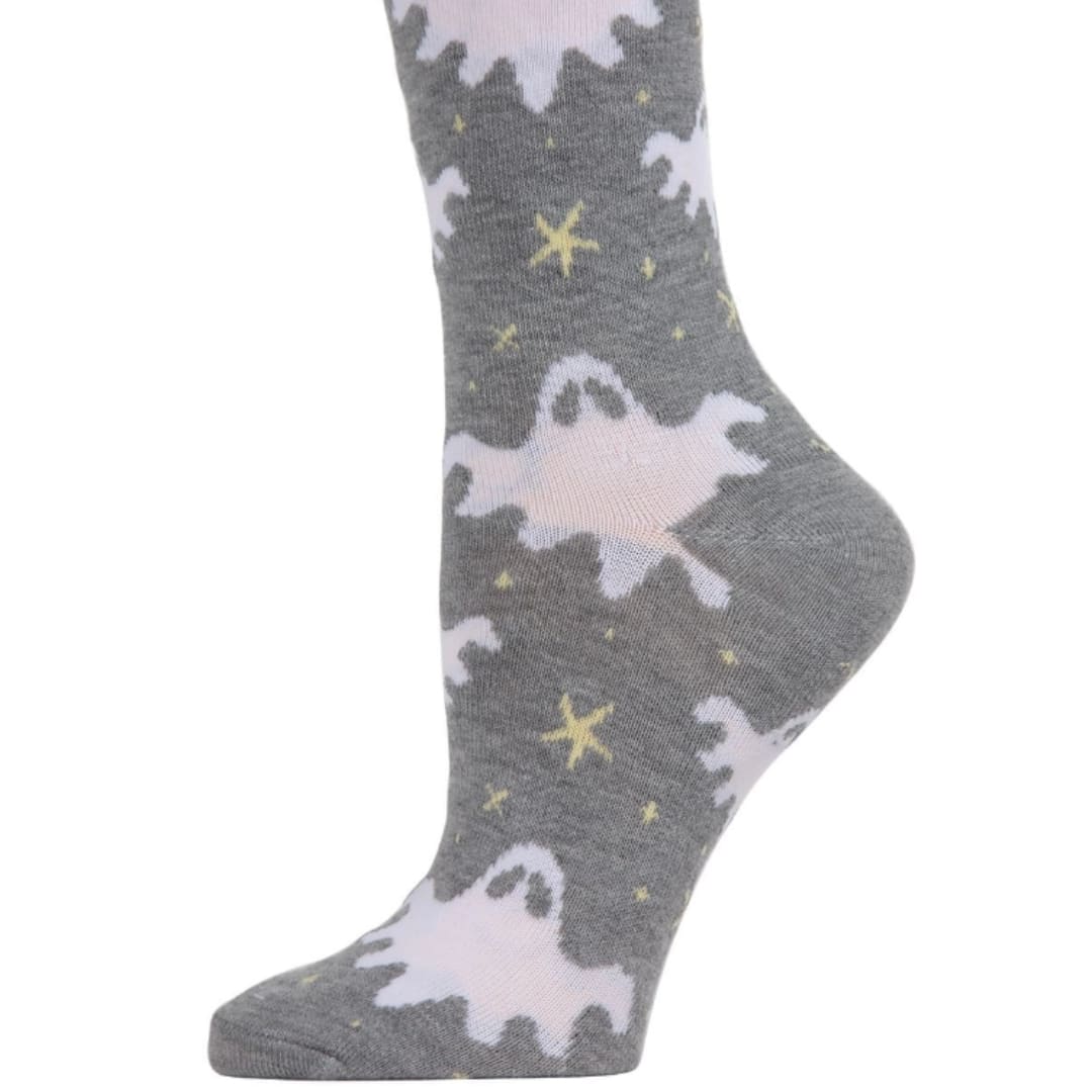 Gray sock with ghost and star pattern