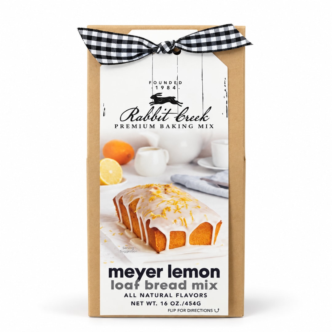 Boxed Meyer lemon loaf bread mix with a black-and-white ribbon